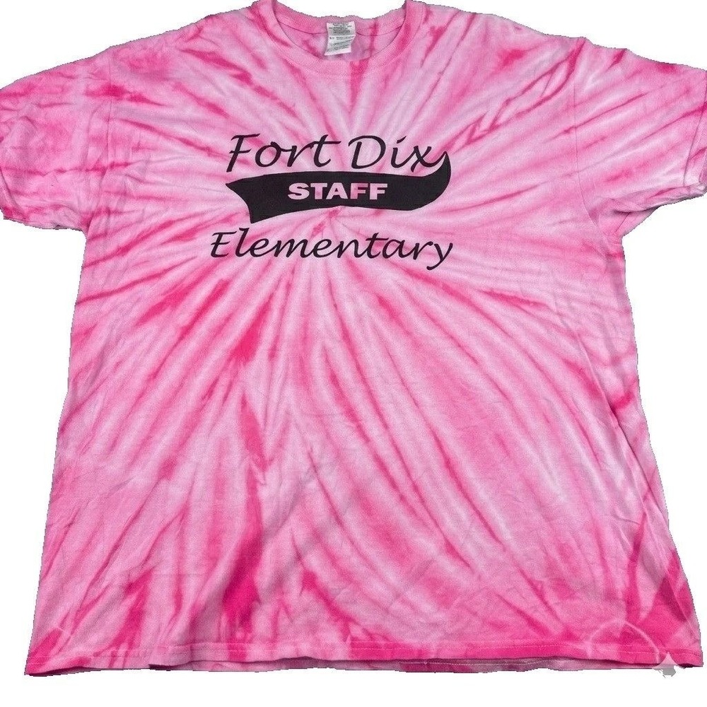 Gildan Mens‎ Fort Dix Elementary Staff T-Shirt XL Pink Tie Dye Short Sleeve Tee